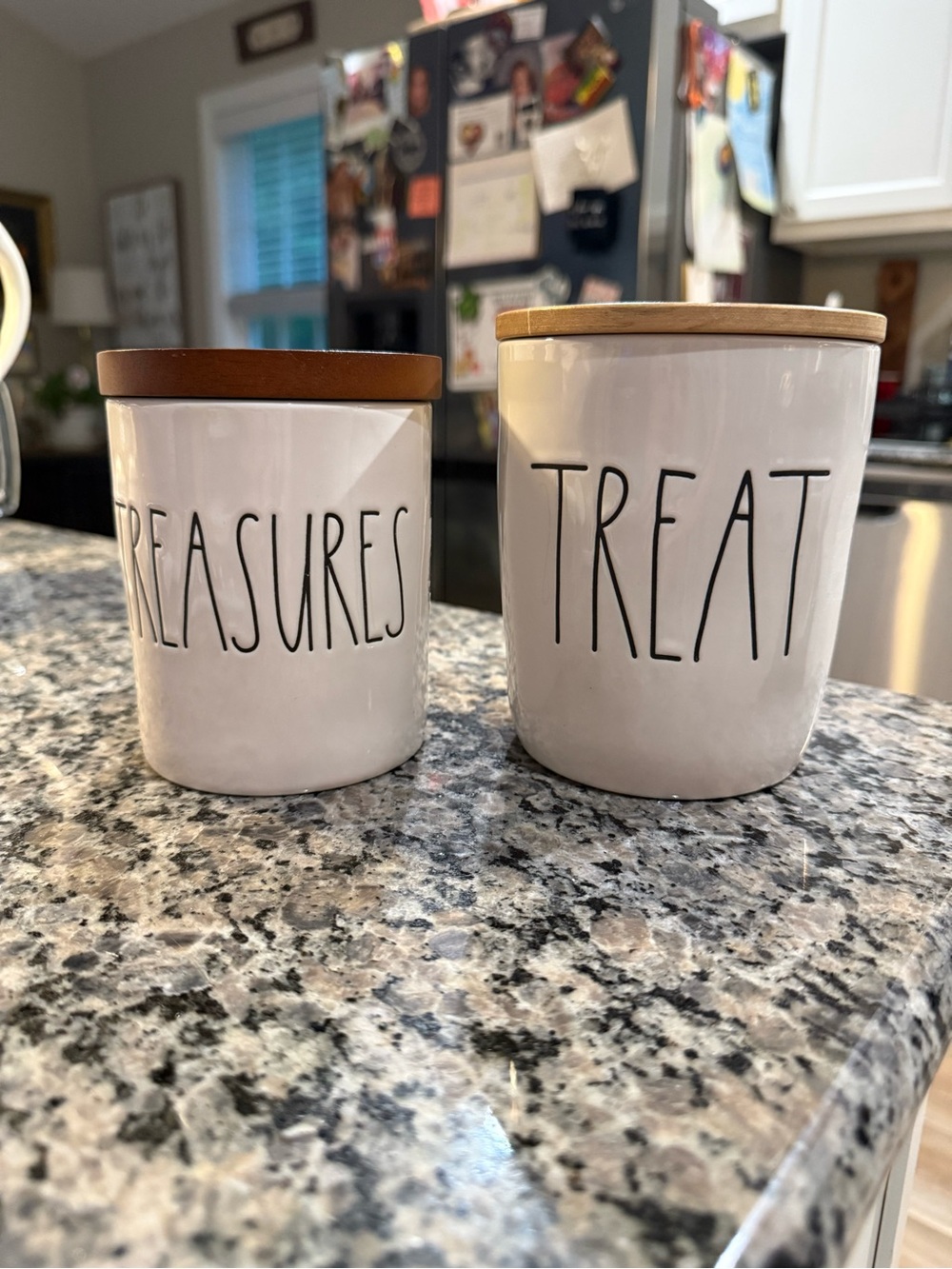 Rae Dunn White Ceramic 'TREASURES' & 'TREAT' Canister Set with Wood Lids